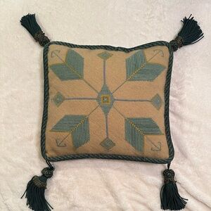 A truly Unique Needlepoint pillow VTG handmade Native Design w/ 4 Great Tassels!